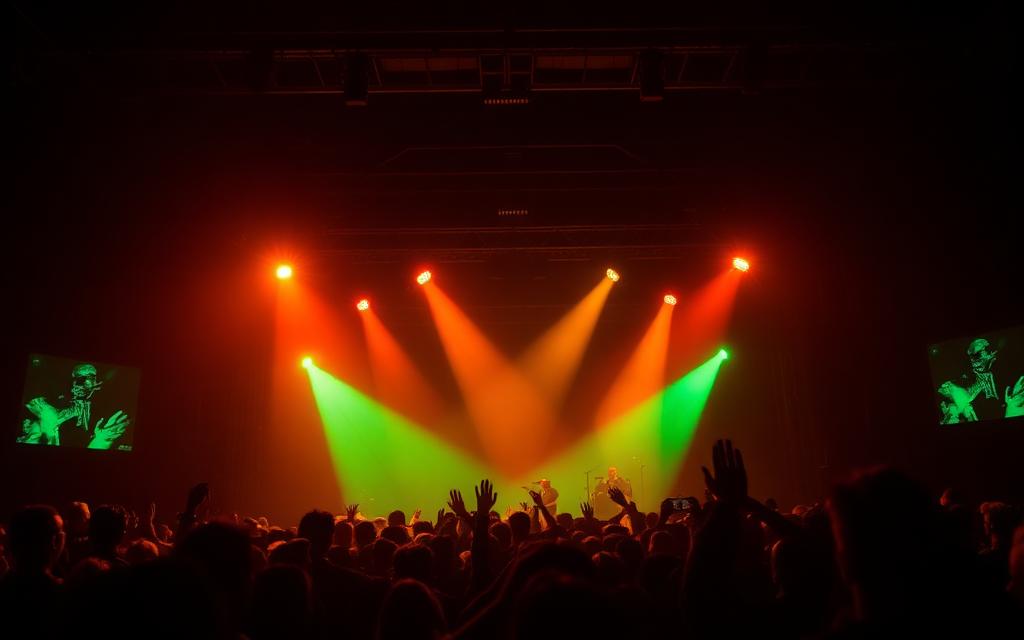 Crowd facing a lit stage at a small venue