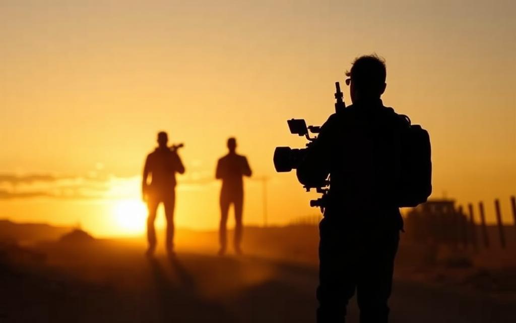 Film crew silhouetted on a dirt road at sunset