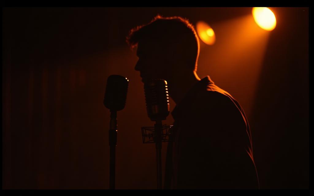Singer behind a vintage microphone in a dark studio
