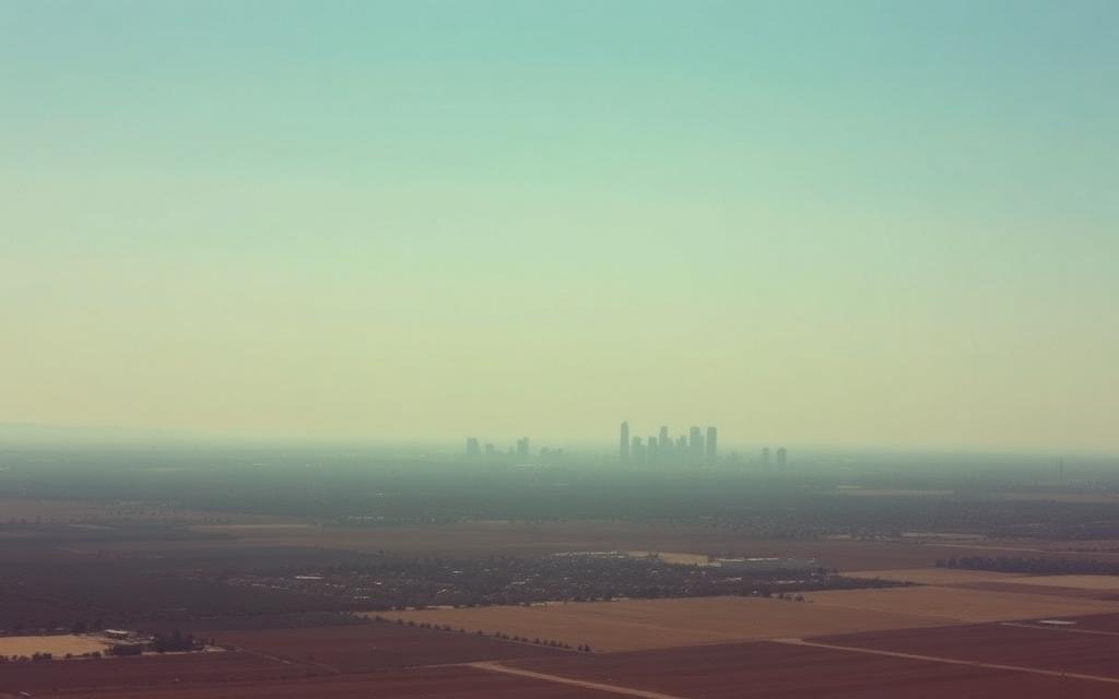 Valley city skyline seen through afternoon haze