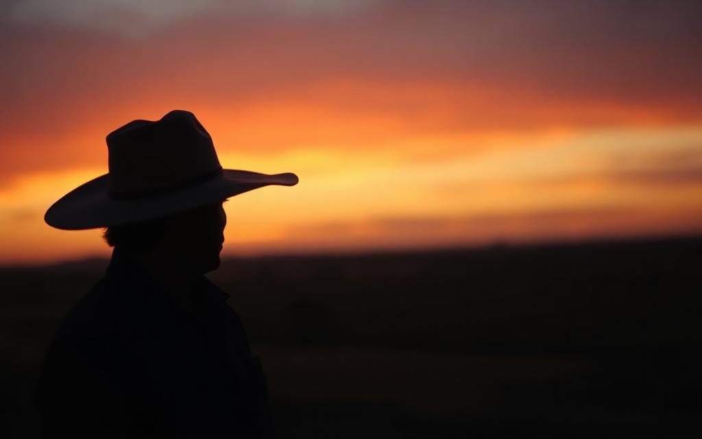 Rancher silhouetted against a valley sunset