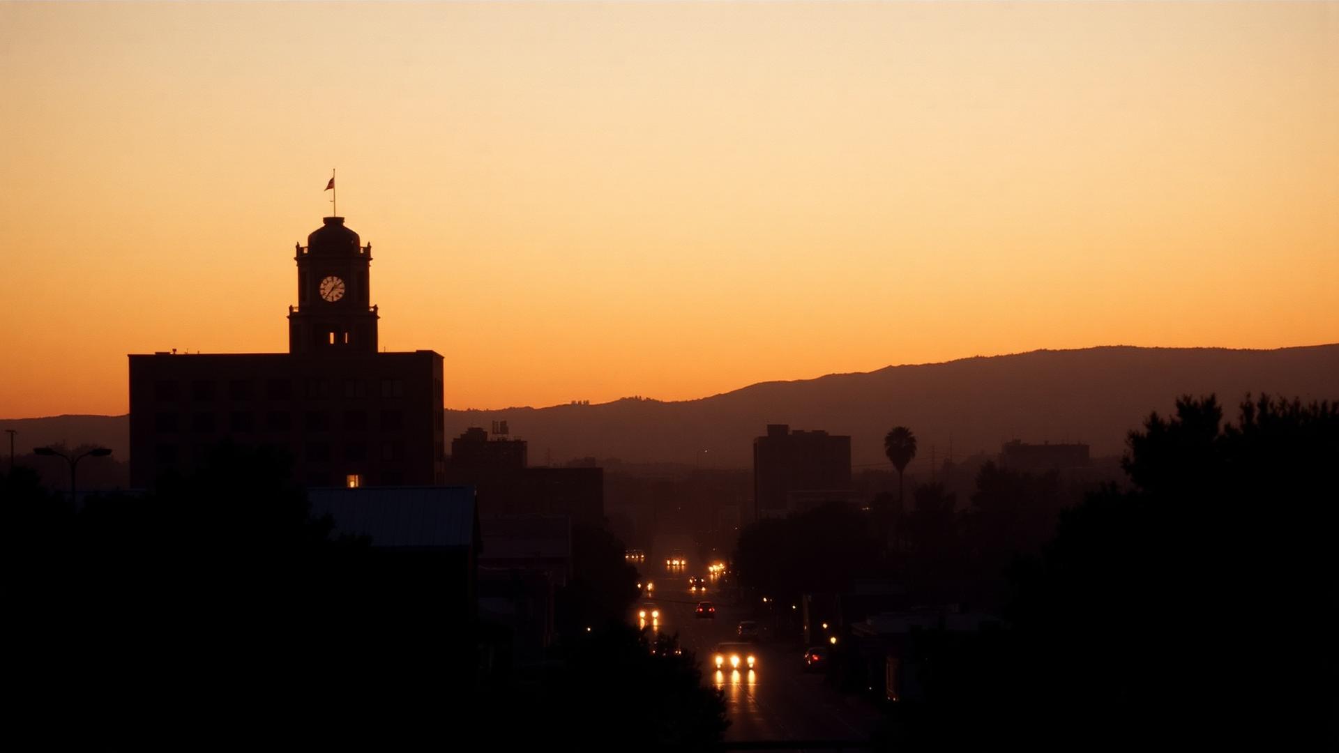 Historic downtown tower rising above the city at amber dusk