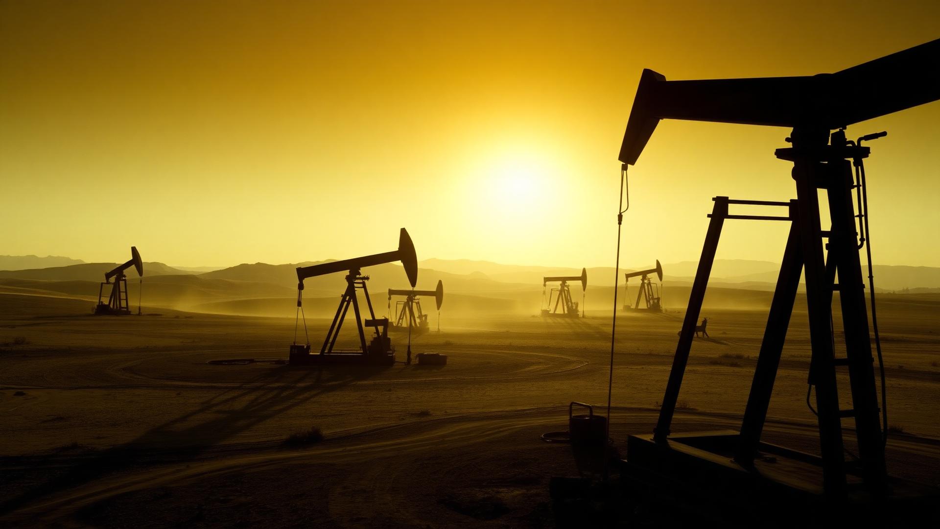 Oil pumpjacks on golden hills at sunset