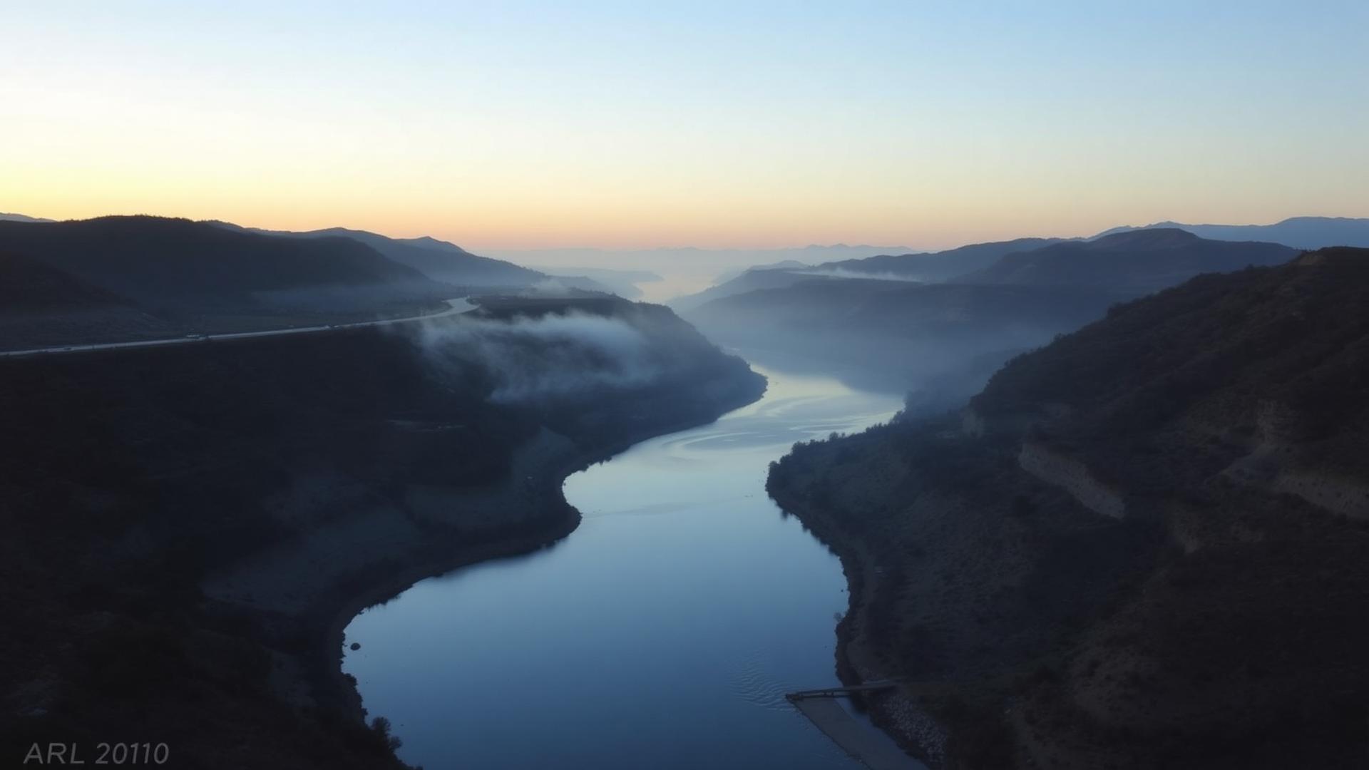 River winding through foothills in dawn mist
