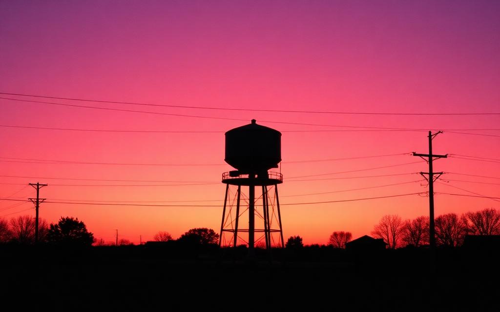 Water tower silhouetted against a deep sunset