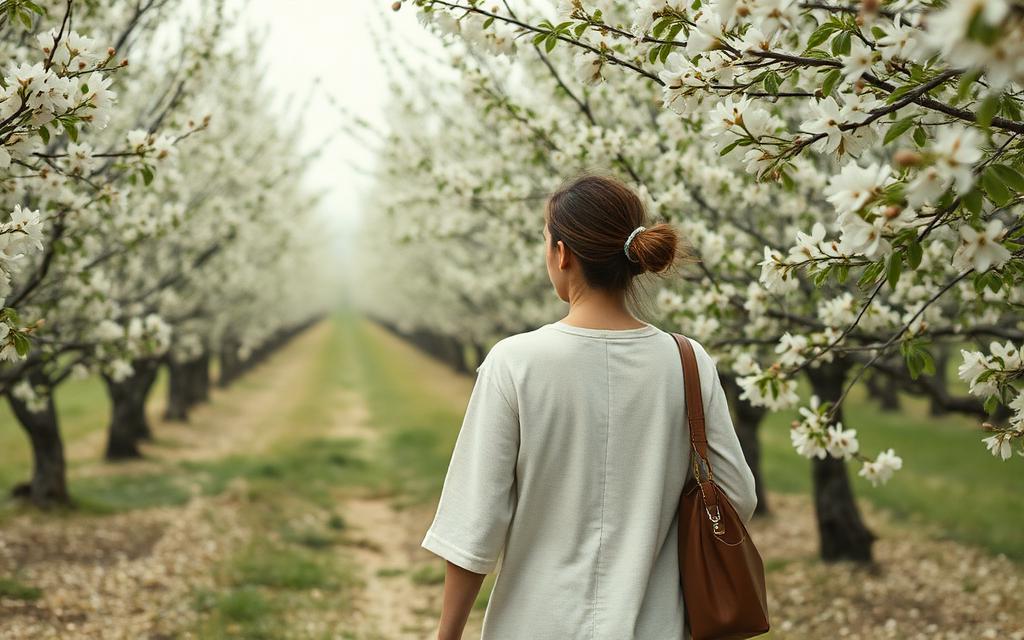 Woman walking down a row of blossoming orchard trees