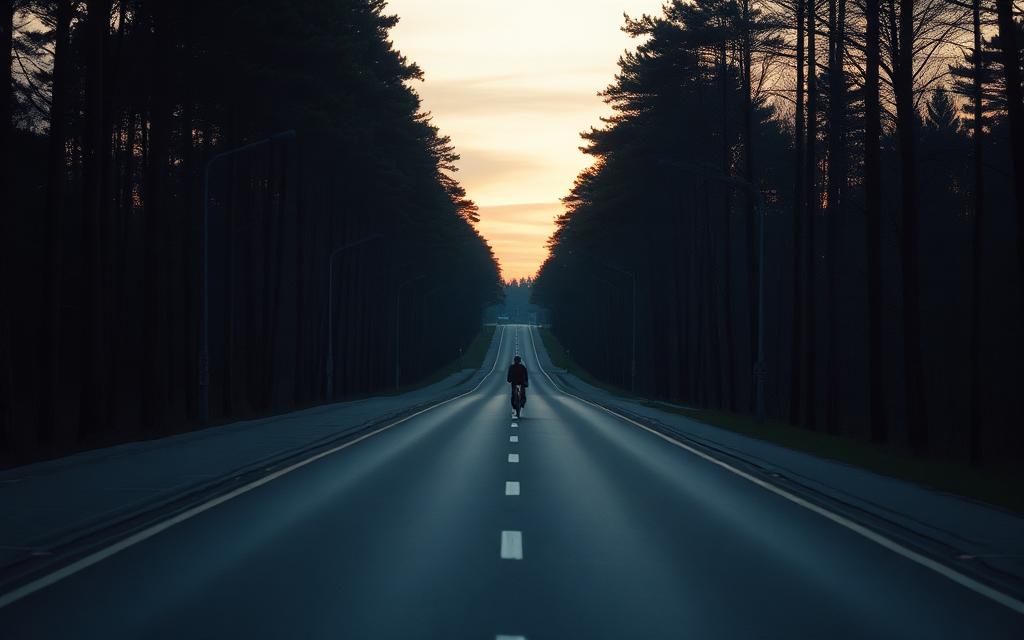 Empty tree-lined highway at dusk with a distant cyclist