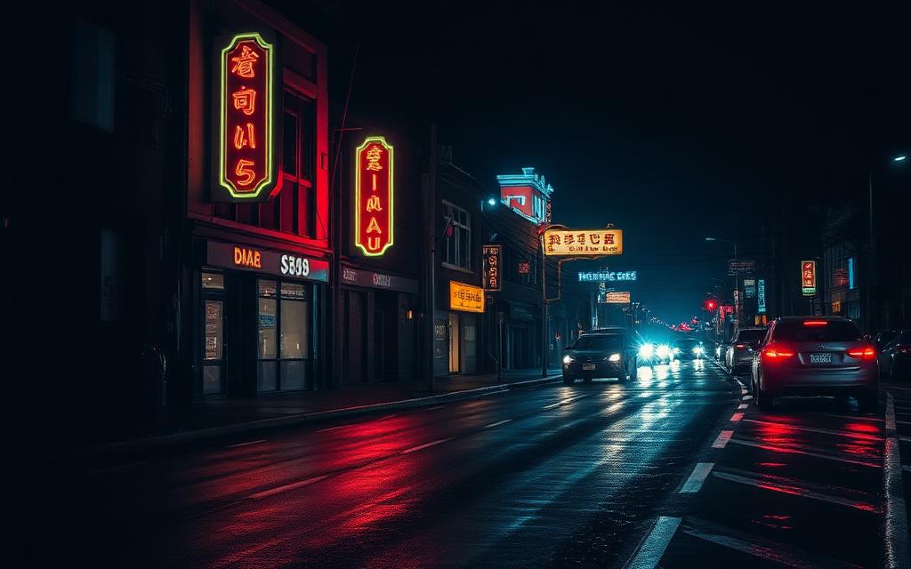Neon-lit night street with car light trails