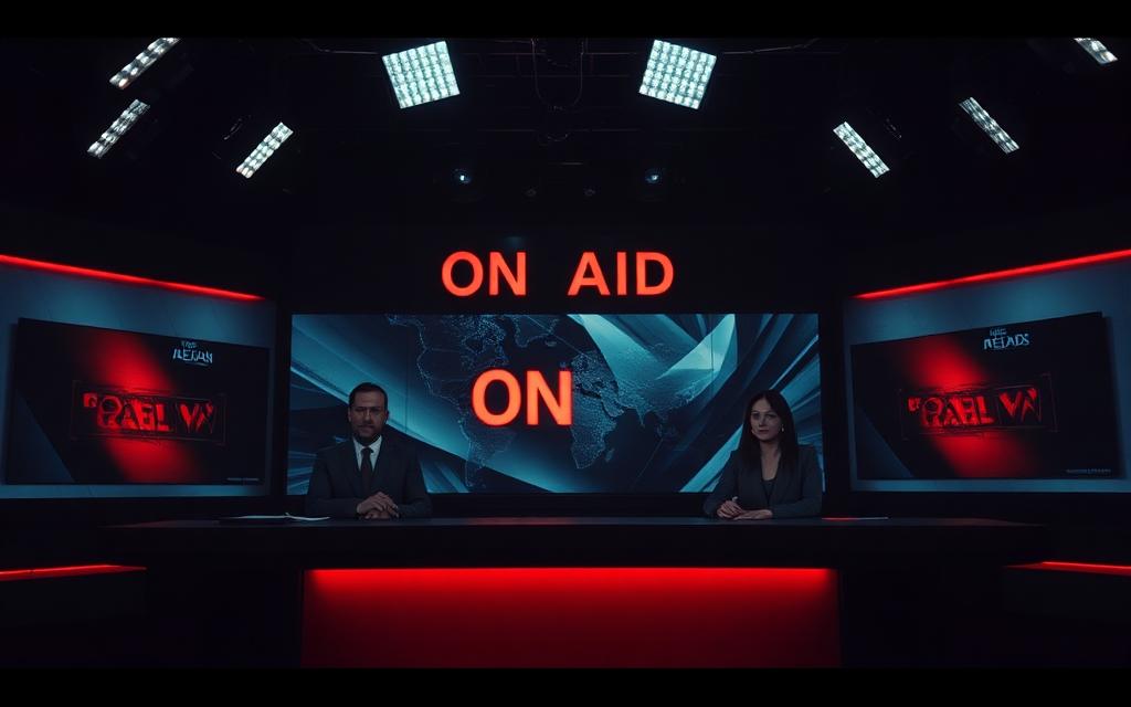 Two anchors at a dark broadcast desk under studio lights
