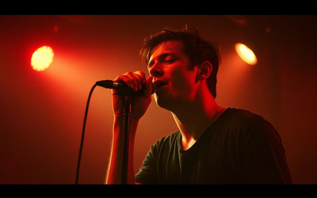 Singer under a red spotlight gripping a microphone