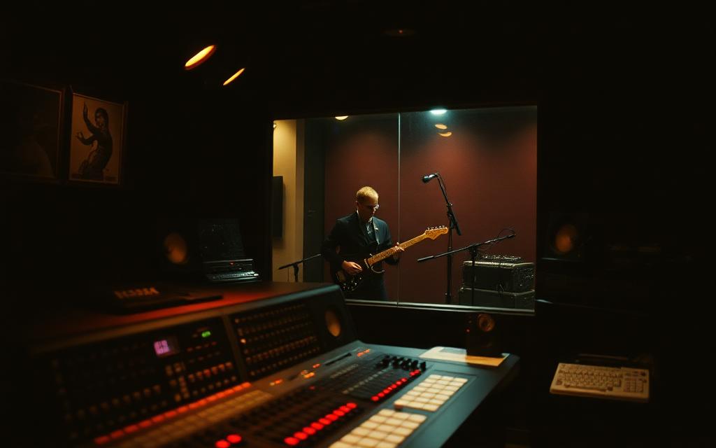 Dim studio control room with a guitarist behind glass